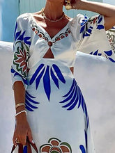 Cyflymder Leisure Double V Lace Up Party Dress Stylish 3/4 Sleeve Beach Long Dress for Women Summer Backless Pattern Print Vacation Dress