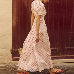 Cyflymder Casual Short Sleeve High Waist Swing Dress French Style Seaside Vacation Maxi Dress Fashion Polka Dot Print V-neck Evening Dress