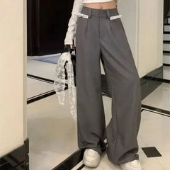 Cyflymder Fashionable Lace Spliced Casual Pants Spring Autumn High Waist Button Female Clothing Wide Leg Straight Basic Vintage Trousers