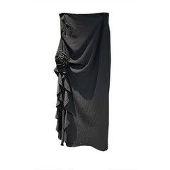 Cyflymder French High Street High Waist Long Skirts All Match New Summer Solid Side Split Ruffle Punk Girl Jupe Y2k Flower Appliques Skirt