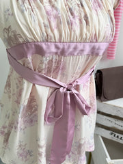 Cyflymder Purple Floral Top Women Casual Slim Lace-up Square Collar Babydoll Sleeveless Tee Tops Sweet Vintage Preppy Style T-shirts Y2K