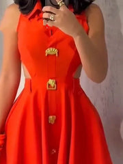 Cyflymder Women's Casual Sleeveless Hollow Mini Dress Elegant Metal Buckle Pleat Short Dress Fashion Lapel Collar Waist Solid A-Line Dress