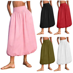 Cyflymder Women Summer Solid Color High Waist Bubble Skirts Loose Fit Long Skirt With Pockets Elegant Office Ladies Skirts Streetwear Y2k