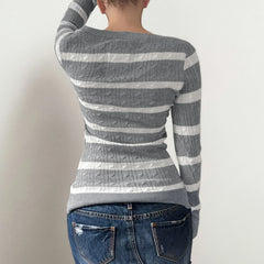Cyflymder Women V‑Neck Striped Cable Knit Top Long Sleeve Henley Half Button Slim Fit Twist Knitted Casual Pullover Sweater