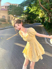 Cyflymder Woman Dress Polka Dot Rainbow Ruffles Square Collar Puff Short Sleeve Elegant Mini Dresses Party Sweet Female Casual