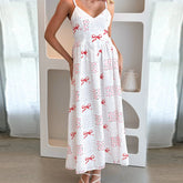 Cyflymder Women Summer Holiday Beach Long Slip Dress Spaghetti Straps Deep V-neck Backless Bow Floral Print Swing Dresses