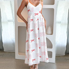 Cyflymder Women Summer Holiday Beach Long Slip Dress Spaghetti Straps Deep V-neck Backless Bow Floral Print Swing Dresses