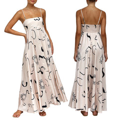 Cyflymder Spaghetti Straps Flowy A-Line Long Dress Women's Summer Printed Backless Sleeveless Slip Swing Dress for Party Vacation Street