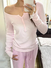 Cyflymder Pink Six Buttons Thin Long Sleeve T-shirts Women Spring Round Neck Cotton Slim Tee Top Female Cute Sweet Tshirt Y2k Tops New