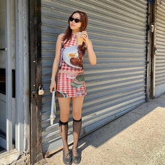 Cyflymder Euramerican Fashion O Neck Sleeveless Harajuku Camisole Cute Plaid Punk Print Short Skirts Y2k Aesthetic Girl Two Piece Sets
