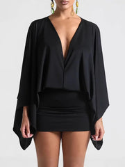 Cyflymder Women Casual Batwing Sleeve Solid Color Short Dress Elegant Draped Satin Wrap Hip Dress Sexy Deep V-neck Hight Waist Mini Dress