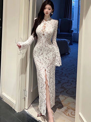 Cyflymder wedding guest outfit 2025 New White Lace Hook Flower Hollow Chic Bandage Dress Women Korean Fashion Prom Dress Autumn Winter Elegant Evening Dresses