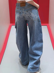 Cyflymder Letter Diamond Vintage Jeans Women Loose High Waist Streetwear Casual Denim Pants Retro American Fall New Harajuku Wide Leg Pant