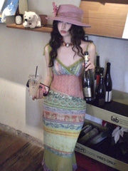 Cyflymder Summer Two Piece Sets Lace Patchwork Irregular Tank Top + Y2k Aesthetic Grunge A-Line Skirts Womens Vintage Printing Set