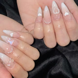 Cyflymder 24pcs milkey gradient white glitter false nails with glue press on nails almond acrylic fake nail diamond ballet artificial nail