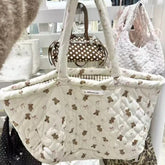 Cyflymder Sweet Cute Bear Bow Tote Bag Women White Diamond Quilting Large Capacity Shoulder Bag Ladies Daily Casual Versatile Shopping Bag