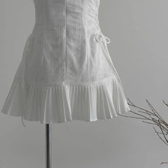 Cyflymder French Sweet Lace Spliced Tie up Pleated Slip Dress Summer New Korean Chic Sleeveless Waist Slimming Short White Dress for Women