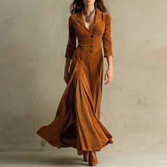 Cyflymder Women British Velvet Satin Elegant Dress Solid Lapel High Waist Temperament Autumn Dress High Street A-Line Fashion Maxi Dresses