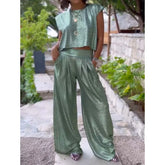 Cyflymder Summer Bronzing Women's Sets Elegant Sleeveless O Neck Vest Top Matching Pocket Pants Suits Female Office Casual Outfit