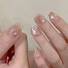 Cyflymder White Yellow Flowers French Nail Art Fashion Short Square Fake Nails Detachable Finished False Nails Press on Nails with Glue