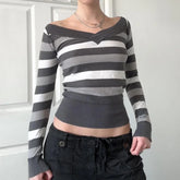 Cyflymder Autumn and winter new retro contrasting color striped V-neck elastic slim fit long sleeved sweater