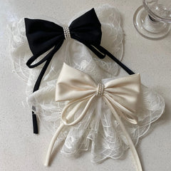Cyflymder Summer New Elegant Satin Bow Hair Headbands With Lace Mesh Pearl Decor Fashion Sweet Hair Accessories For Women Girls Daily