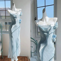 Cyflymder prom dresses Elegant Ice Blue Spaghetti Strap Slim Women's Dress Rose Decoration Pleated Boat Neck Irregular Eage Birthday Party Gown