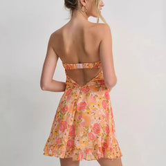 Cyflymder One Shoulder Mini Ruffles Dress Elegant Summer Floral Print Tie-up Party Dress Simple Women Backless Beach Dress New Sweet