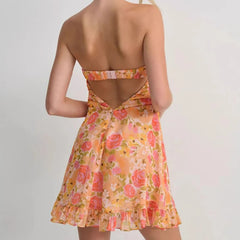 Cyflymder One Shoulder Mini Ruffles Dress Elegant Summer Floral Print Tie-up Party Dress Simple Women Backless Beach Dress New Sweet