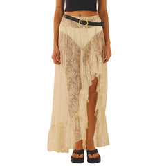 Cyflymder Sexy Lace Skirt Asymmetrical See-Through Floral Mesh High Split Floor Length Long Skirt Women's Beige Y2k Ruffled Maxi Skirt