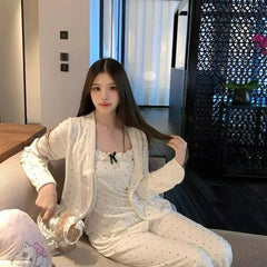 Cyflymder New Fashion Casual Loose Cardigan Long-sleeved Home Wear Can Be Worn Outside Polka Dot Pajama Women Three-piece Set Autumn