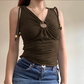 Cyflymder Metal Ring Folds V-Neck Tank Top Fairycore Grunge Style Shirring Shoulder Tie-up Beaded Camisole Vintage Slim-fit Vest