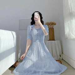 Cyflymder Lace Embroidery Puff Sleeve Party Dresses Women Summer Vintage High Waist A-line Long Dress Fairy Elegant Beach Robe