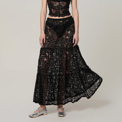 Cyflymder Women Summer Solid Color Long Skirt Casual See-Through Lace Elastic A-Line Skirt for Beach Vacation Club