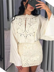 Cyflymder Embroidery Crochet Hollow Shirts For Women Elegant Long Sleeve O Neck Lace Up Blouse Female 2025 New Summer Casual Loose Shirt