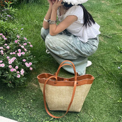 Cyflymder Summer Large Capacity Tote Bag Women Shoulder Bag Handmade Woven Bag Fresh Rural Handheld Grass Woven Women Bag