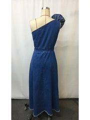 Cyflymder Summer Denim Dress Elegant Off-shoulder Denim 3D Floral Long Skirt Slim Fit High Waist Sleeveless Jeans Dresses for Women
