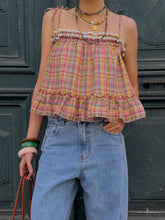 Cyflymder Women s Plaid Tank Tops Stylish Square Neck Sleeveless Spaghetti Strap Ruffled Hem Camisole for Summer Fashion