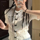 Cyflymder Sweet Sexy Single Breasted Butterfly Design Front Shoulder Knitted Short-sleeve American All Match Slim-fit Outer Top T-shirt
