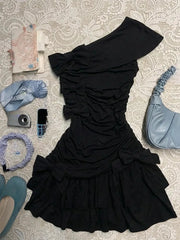 Cyflymder Y2K Sexy Black Off Shoulder Sweet Mini Dress Women Bow Ruched Bodycon Cute Ruffle Party Dresses New Streetwear Vintage Clothing