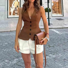 Cyflymder Fashion Slim Vest For Women Summer 2025 New Brown Single Breasted V-neck Sleeveless Waistcoat Sleeveless Office Casual Solid Top