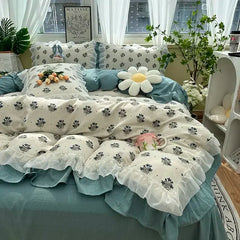Cyflymder Romantic French Flowers Lace Ruffles Bedding Set Washed Cotton Duvet Cover Bed Flat Sheet Pillowcases Girls Couple Bed Linens