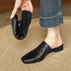 Cyflymder NEW Summer Women Mules Genuine Leather Shoes for Women Peep Toe Low Heel Shoes Cover Toe Women Sandals Concise Modern Slippers