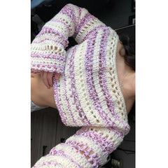 Cyflymder Women Y2K Striped Crochet Crop Top V Neck Hollow Out Long Sleeve Knitted Pullover Color Block See Through Knit Blouse