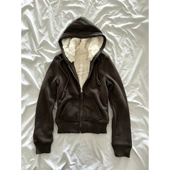 Cyflymder Retro Y2K Dark Brown Fleece Hooded Punk Jacket New Zipper High Street Warm Pocket Winter Street Fashion Jacket Gothic Style
