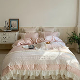 Cyflymder 4Pcs Pink Lace Ruffles Sweet Girl Bedding Set Pure Cotton Queen King Size Duvet Cover Bed Sheet Or Quilted Bedspread Pillowcase