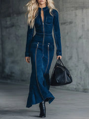 Cyflymder Vintage French Faux Suede Women Elegant Dress Multi-Zipper High Collar Long Sleeve Bodycon Dress Female High Street Long Dresses