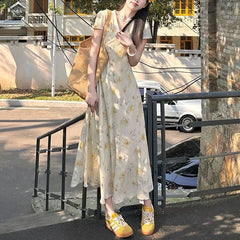 Cyflymder Broken Flowers French Style V-Neck Dresses Summer Short Sleeve Female Clothing Fashionable Lace Spliced Aura A-Line Long Dress