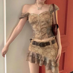 Cyflymder Hot Girl Retro Suit Women's Summer Camisole Vest Top Irregular Hip Wrap Skirt Two Piece Set Fashion Female Clothes Chic