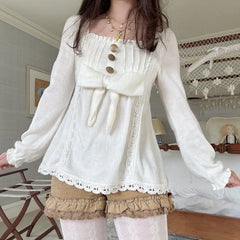Cyflymder American Sweet Solid Lace Edge A-line Shirts Y2k Front Bow Design Thin All Match Women Tops Harajuku Punk Street Casual Clothes